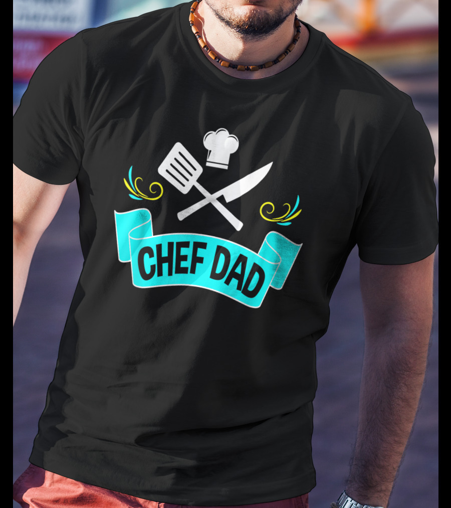 Chef Dad Cooking Daddy Banner With Chef Hat And Cooking Tools T-Shirt