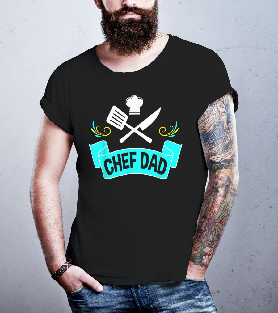 Chef Dad Cooking Daddy Banner With Chef Hat And Cooking Tools T-Shirt