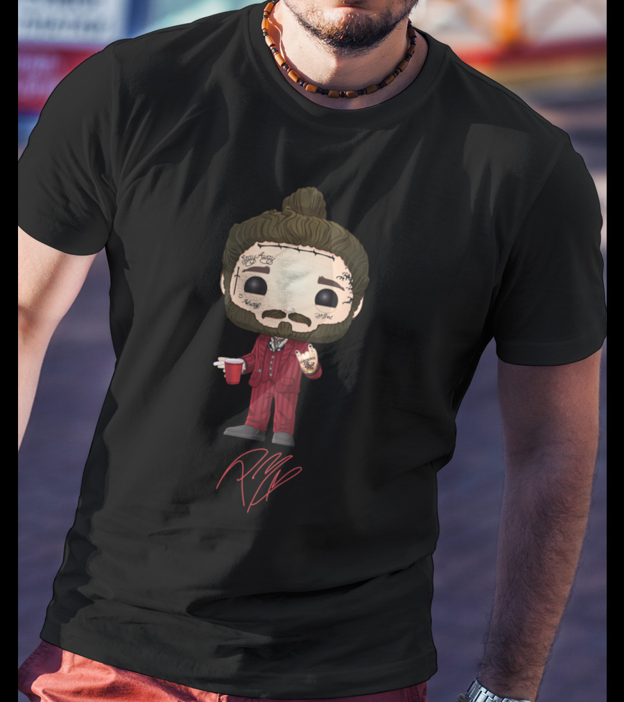 Post Malone Funko Pop Style Character With Tattoos And Red Suit Holding Cup T-Shirt