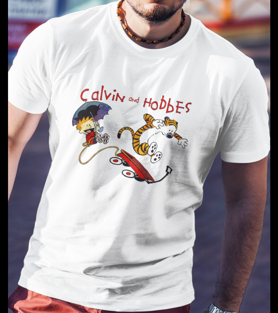 Calvin And Hobbes Adventure With Red Wagon And Umbrella T-Shirt