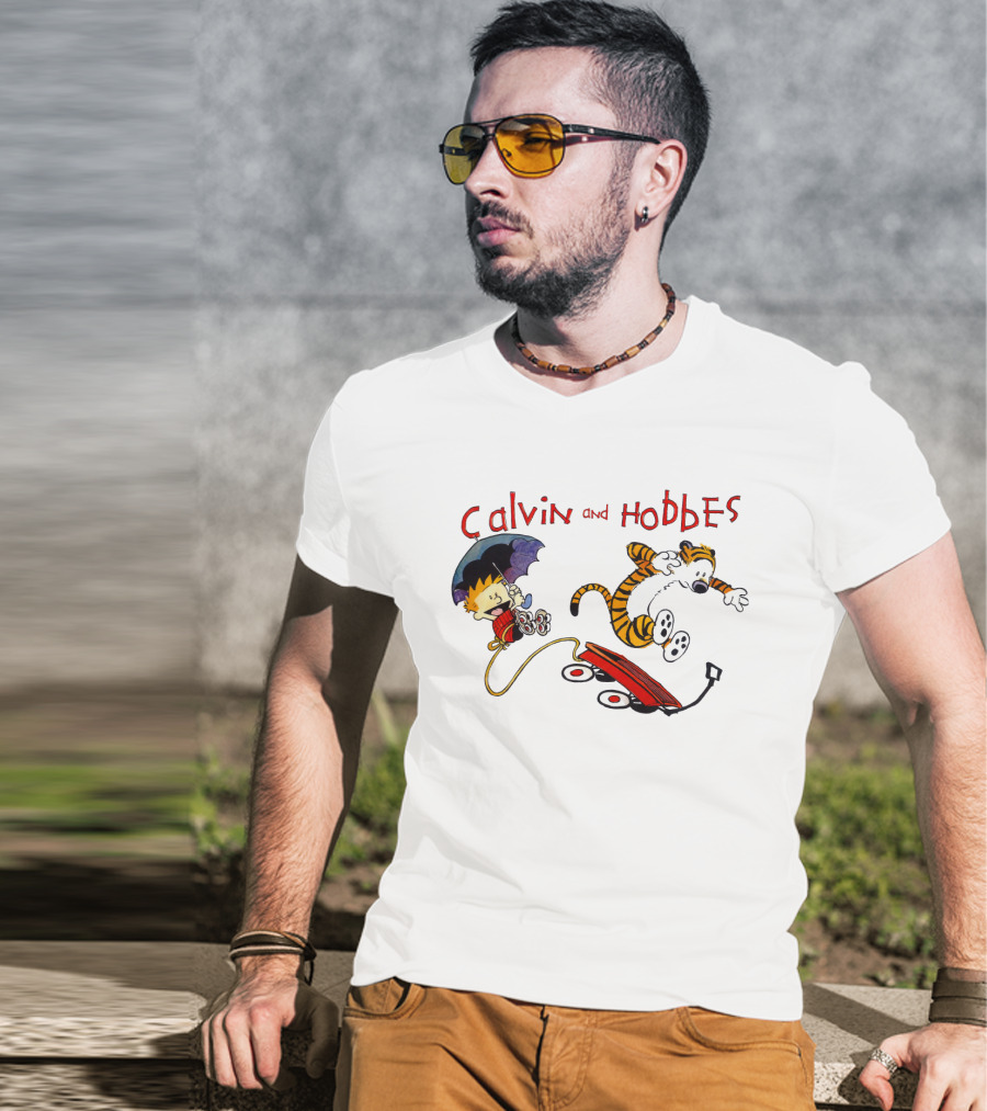 Calvin And Hobbes Adventure With Red Wagon And Umbrella T-Shirt