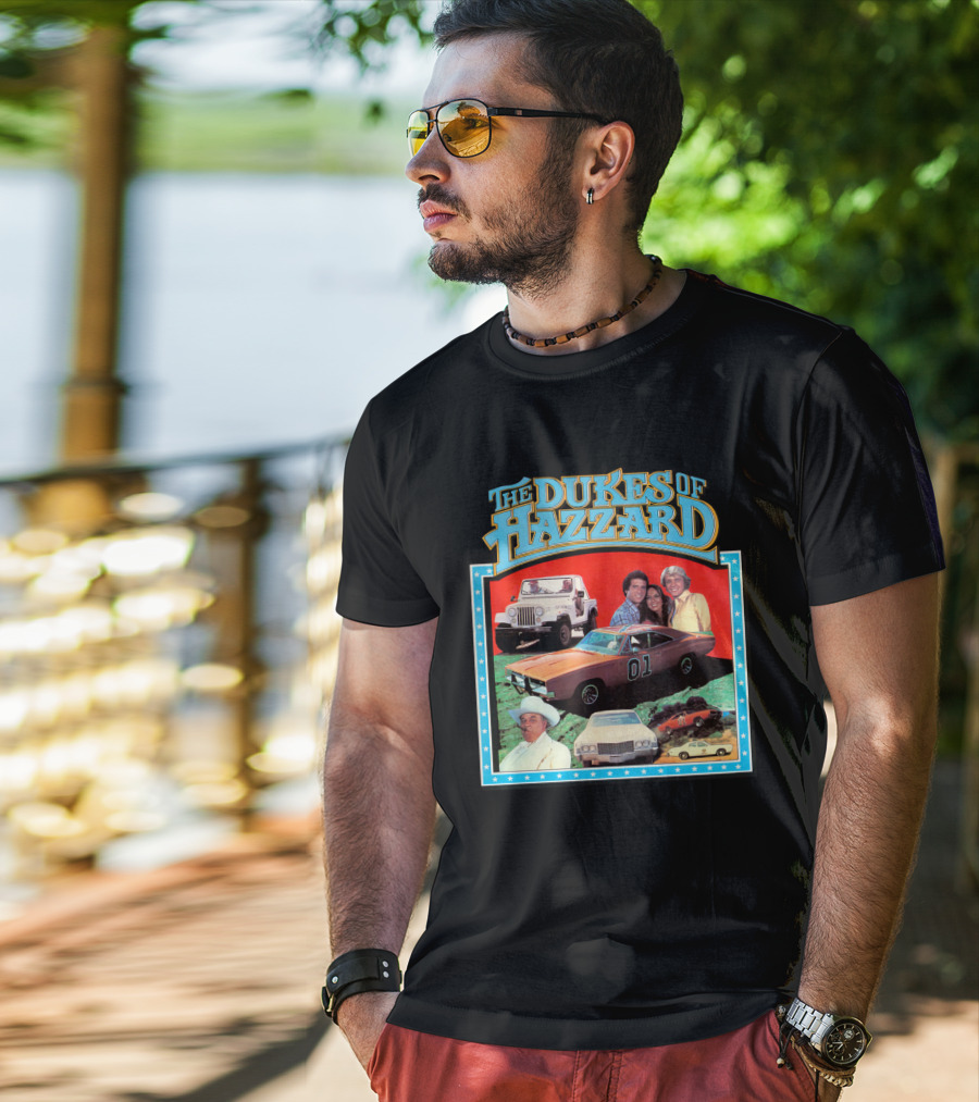 The Dukes Of Hazzard 01 Car And Characters With Jeep And Cowboy Hat T-Shirt