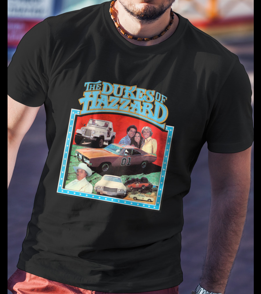 The Dukes Of Hazzard 01 Car And Characters With Jeep And Cowboy Hat T-Shirt