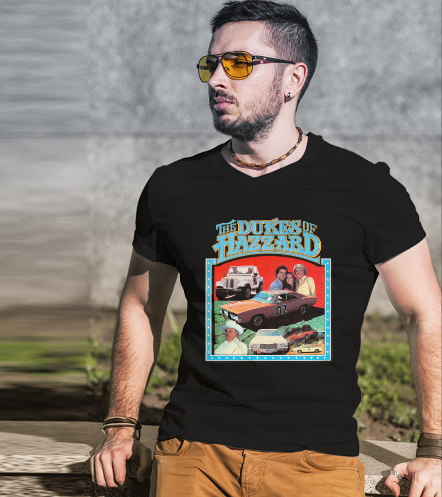 The Dukes Of Hazzard 01 Car And Characters With Jeep And Cowboy Hat T-Shirt