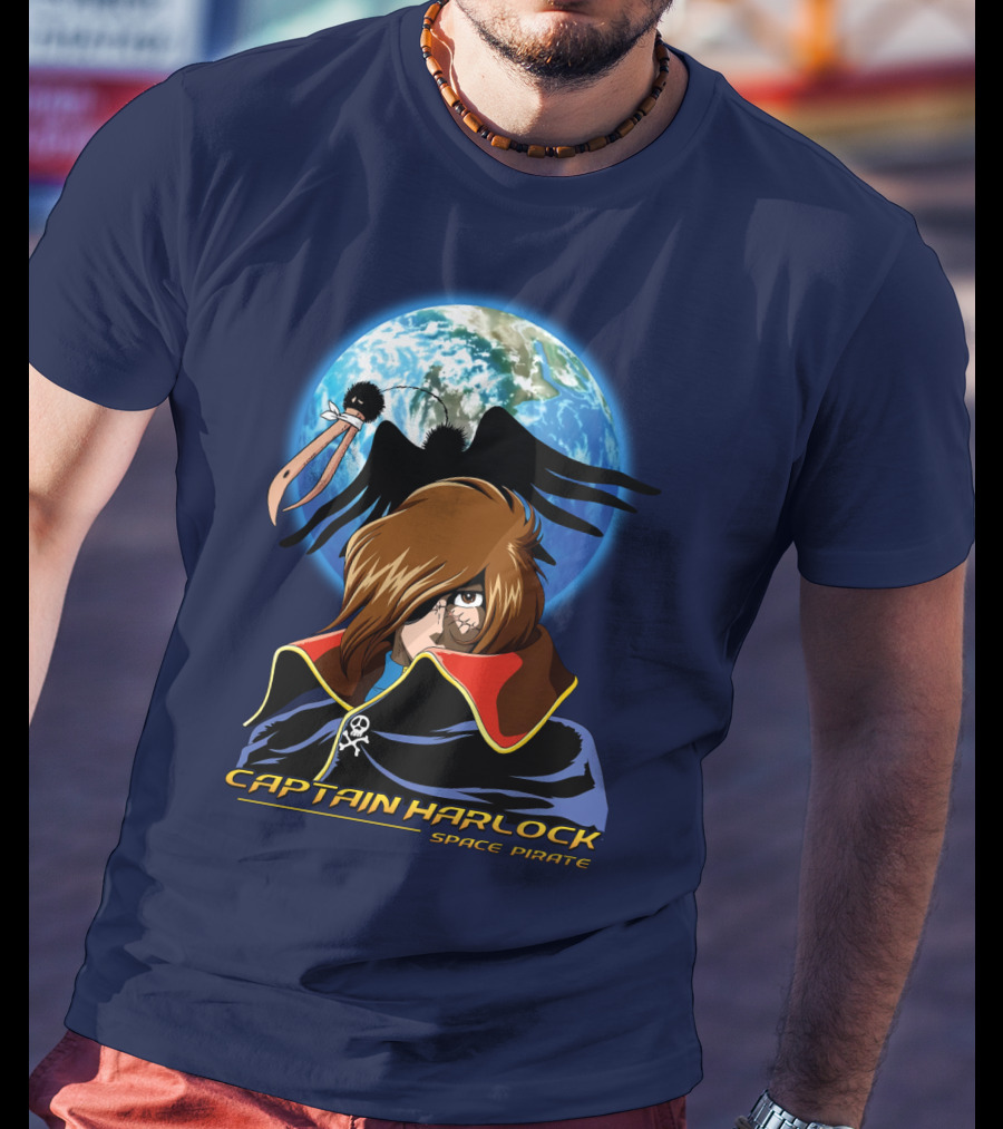 Captain Harlock Space Pirate Anime Icon With Earth And Black Bird T-Shirt