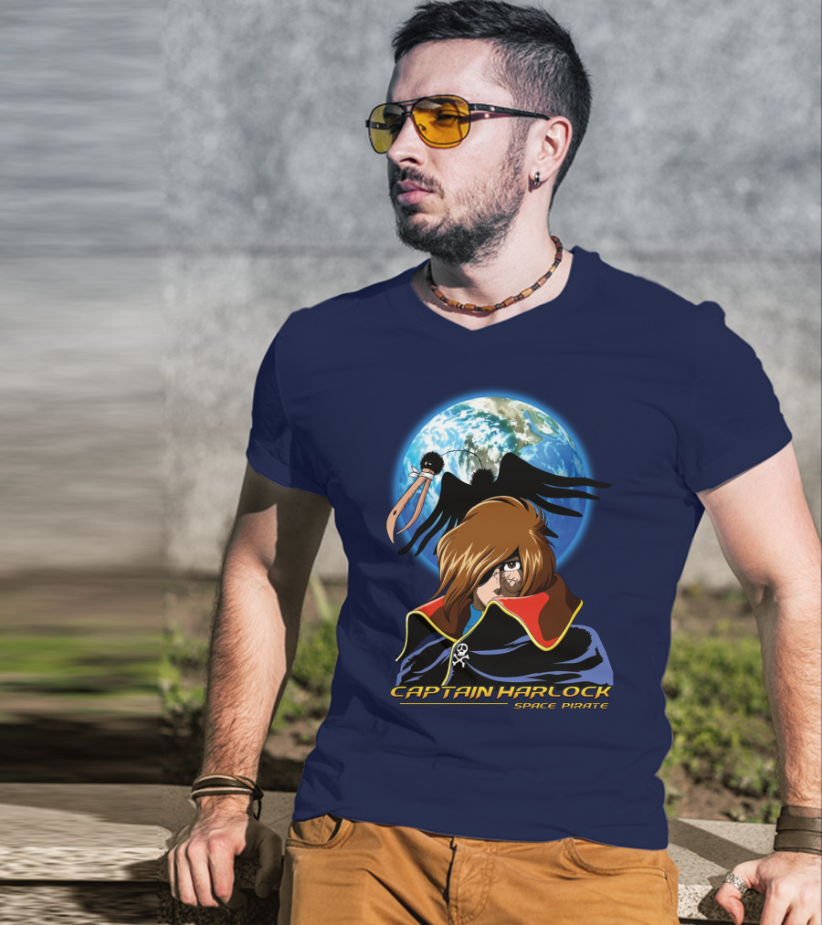 Captain Harlock Space Pirate Anime Icon With Earth And Black Bird T-Shirt
