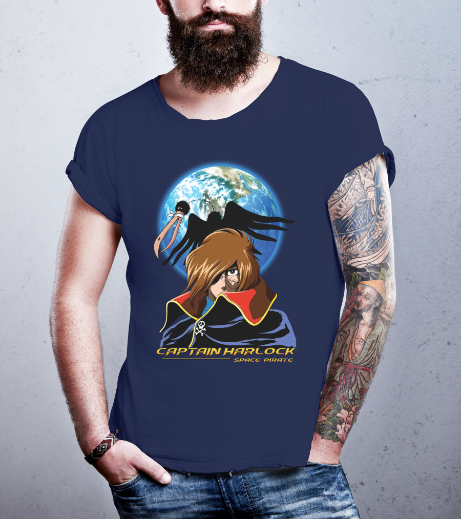 Captain Harlock Space Pirate Anime Icon With Earth And Black Bird T-Shirt