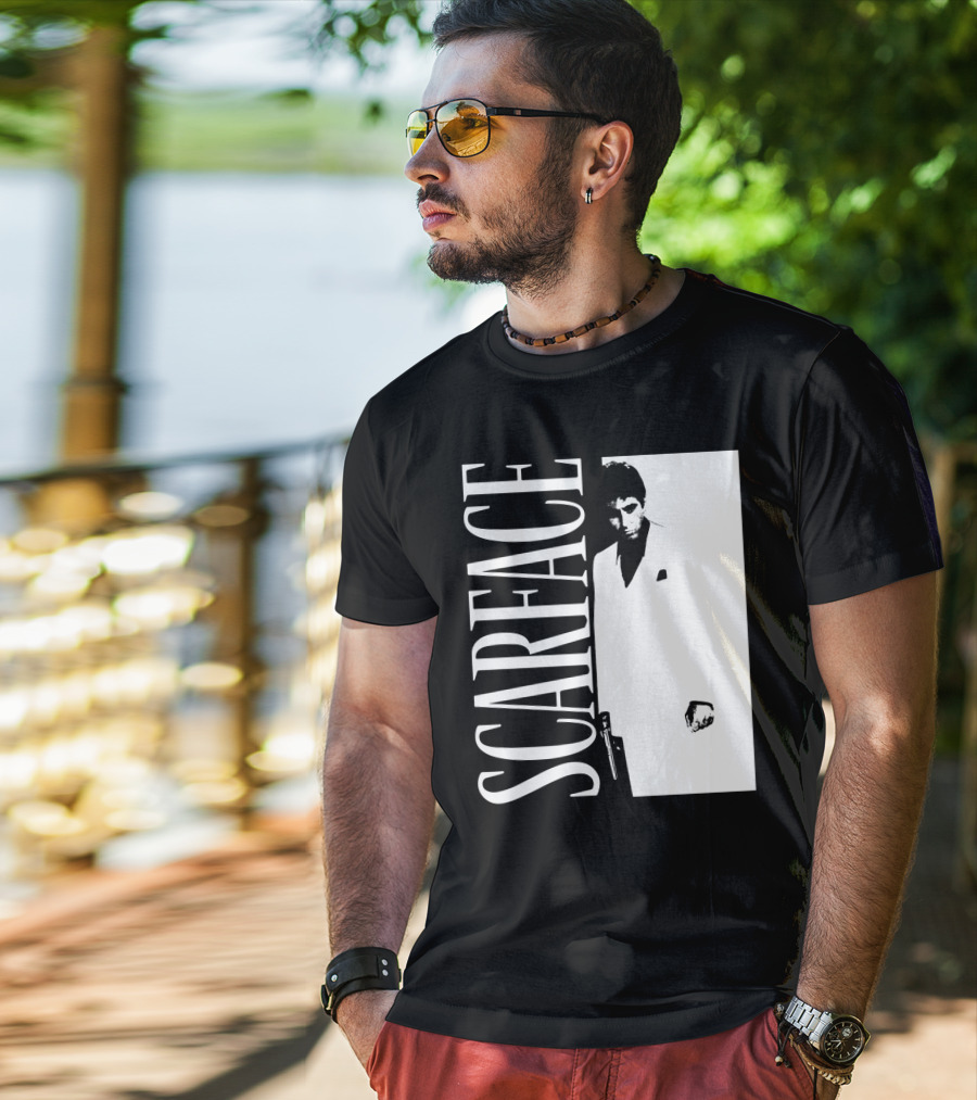 Scarface White Suit Black Background Iconic Movie Image T-Shirt