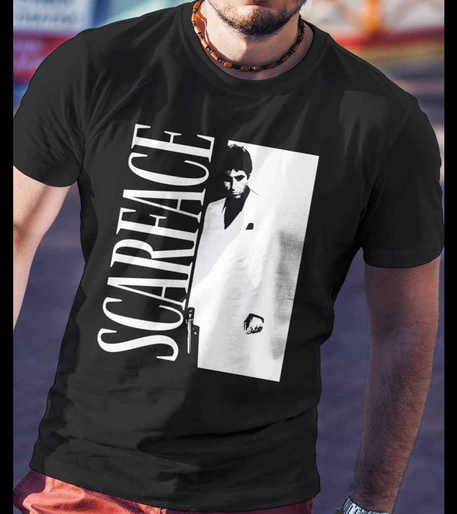 Scarface White Suit Black Background Iconic Movie Image T-Shirt