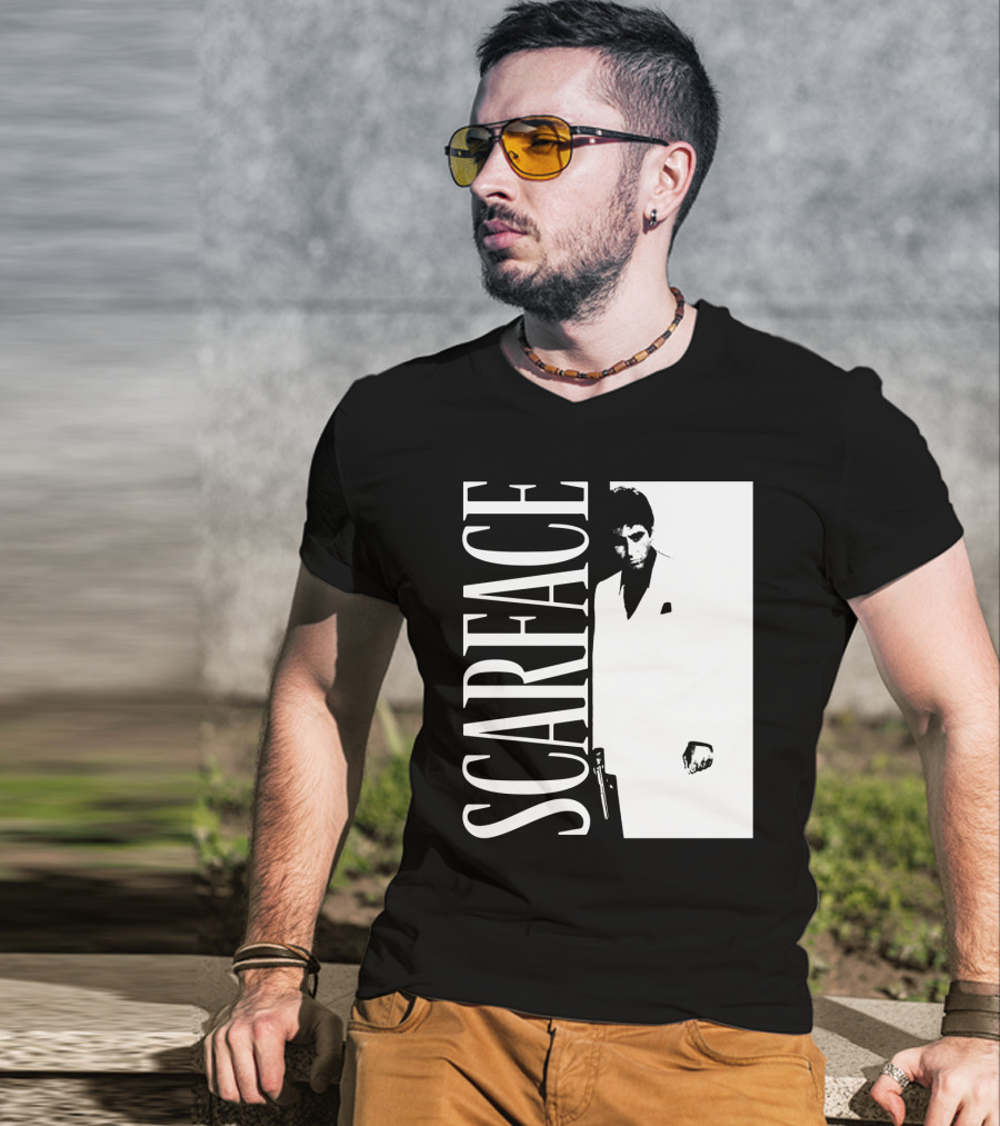 Scarface White Suit Black Background Iconic Movie Image T-Shirt