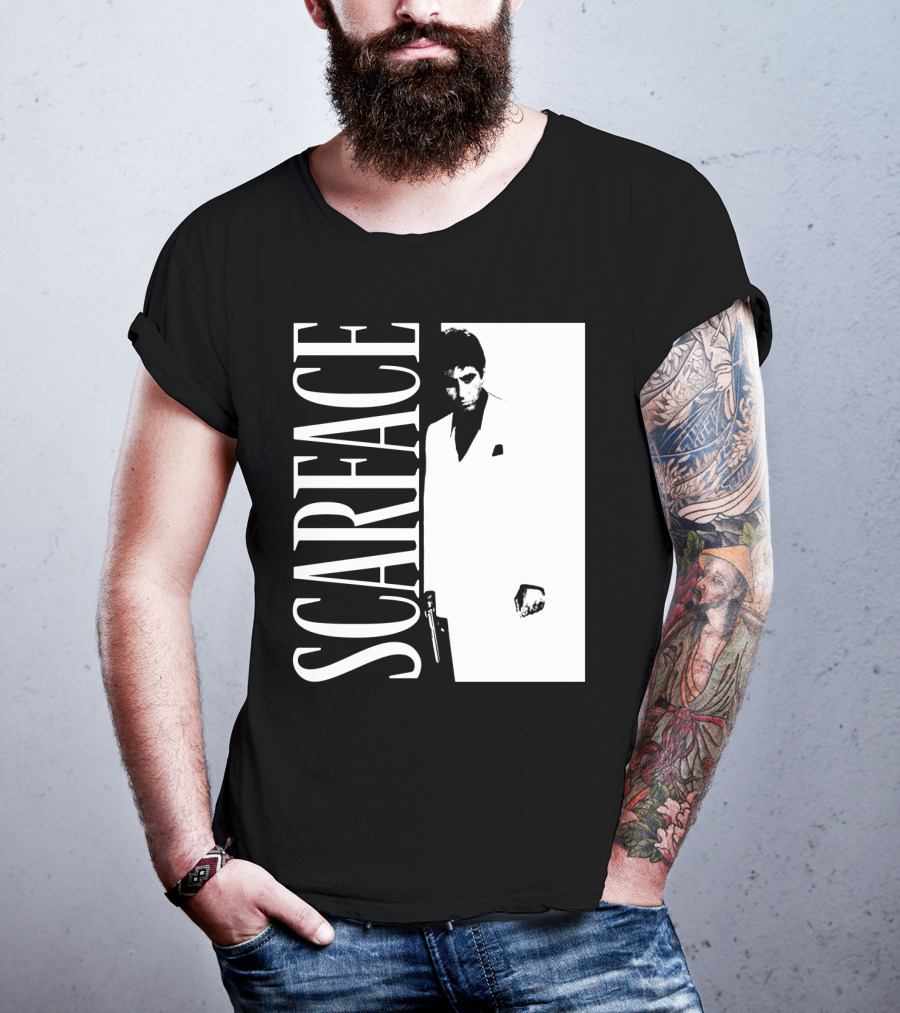 Scarface White Suit Black Background Iconic Movie Image T-Shirt