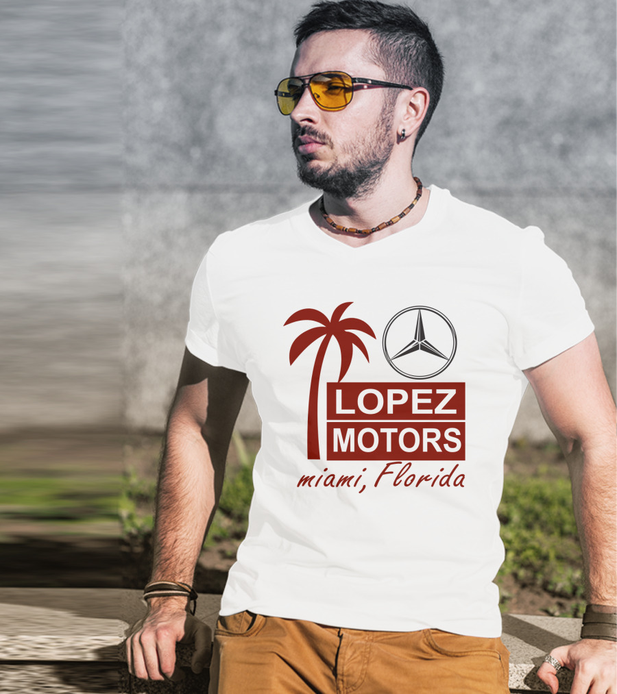 Lopez Motors Miami Florida Scarface Palm Tree Mercedes Benz Star T-Shirt