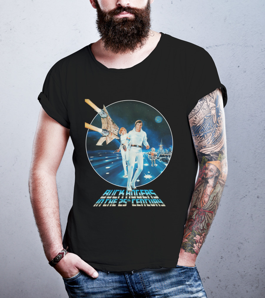 Buck Rogers In The 25th Century Space Adventure Crew And Starship On Futuristic Landscape T-Shirt