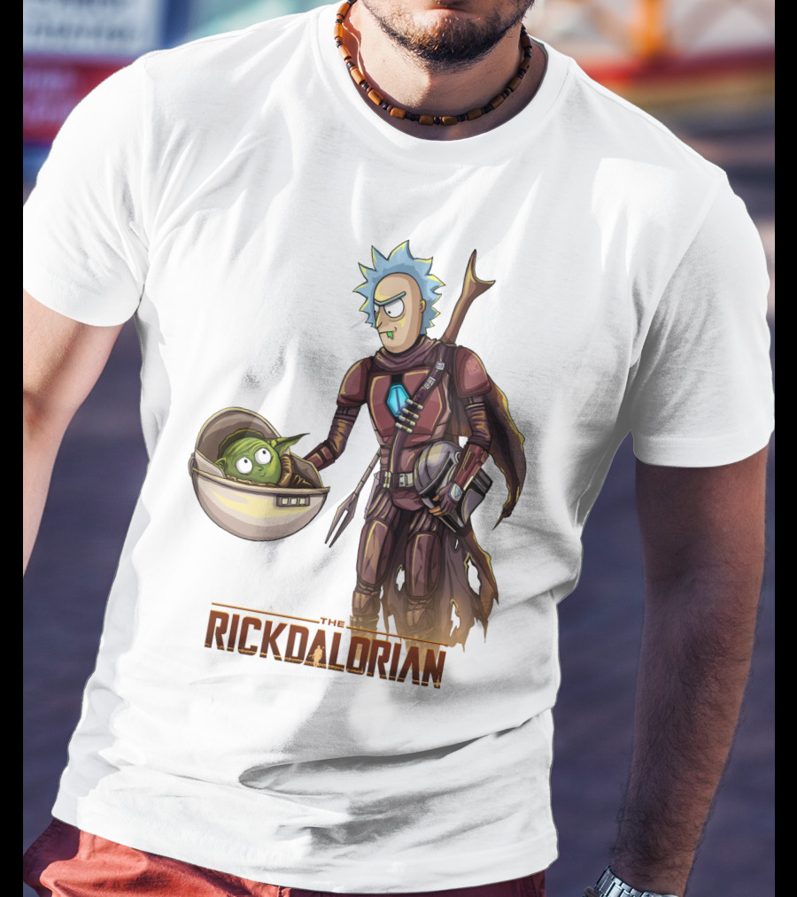 The RICKDALORIAN Sci-Fi Character Fusion With Armor And Green Alien In Pod T-Shirt