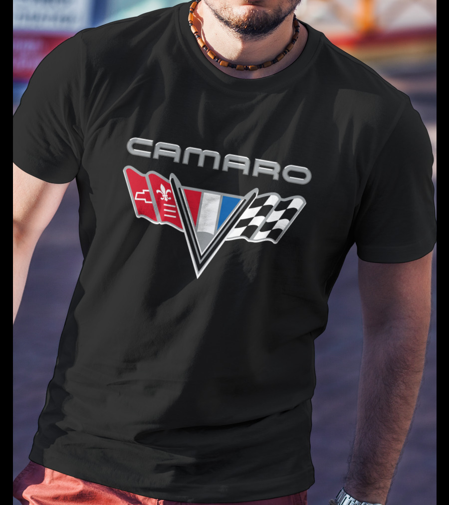 Camaro Chevrolet Racing Flags Logo With Emblems T-Shirt