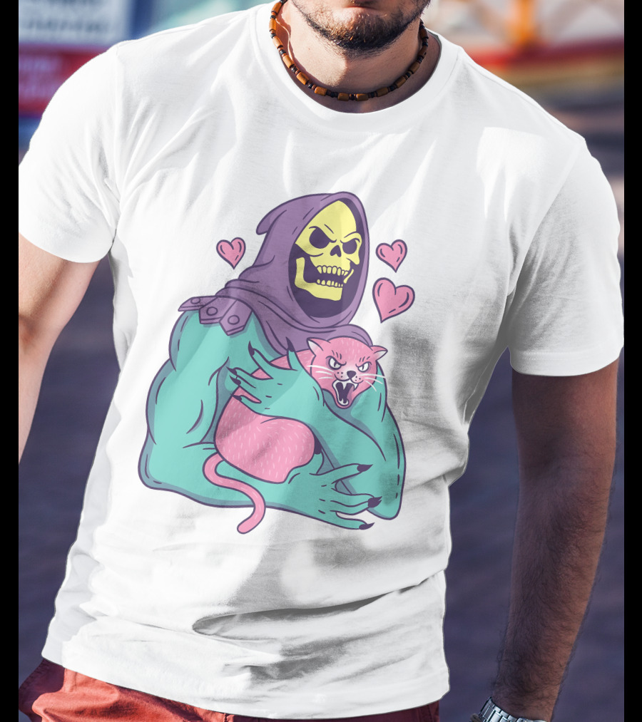 Skeletor Holding Pink Cat With Hearts T-Shirt