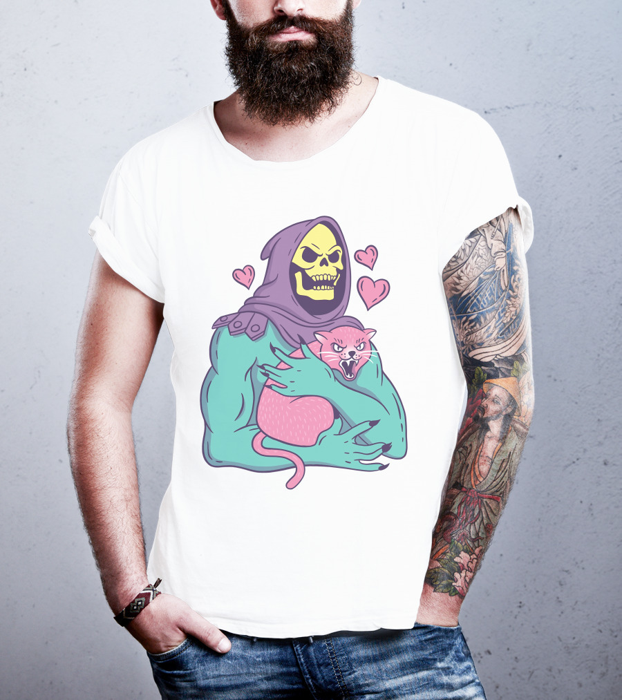Skeletor Holding Pink Cat With Hearts T-Shirt