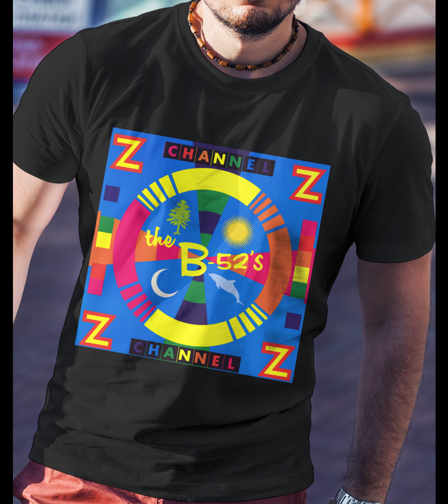 Channel Z The B-52's Colorful Circular Symbols Moon Dolphin Sun Tree T-Shirt