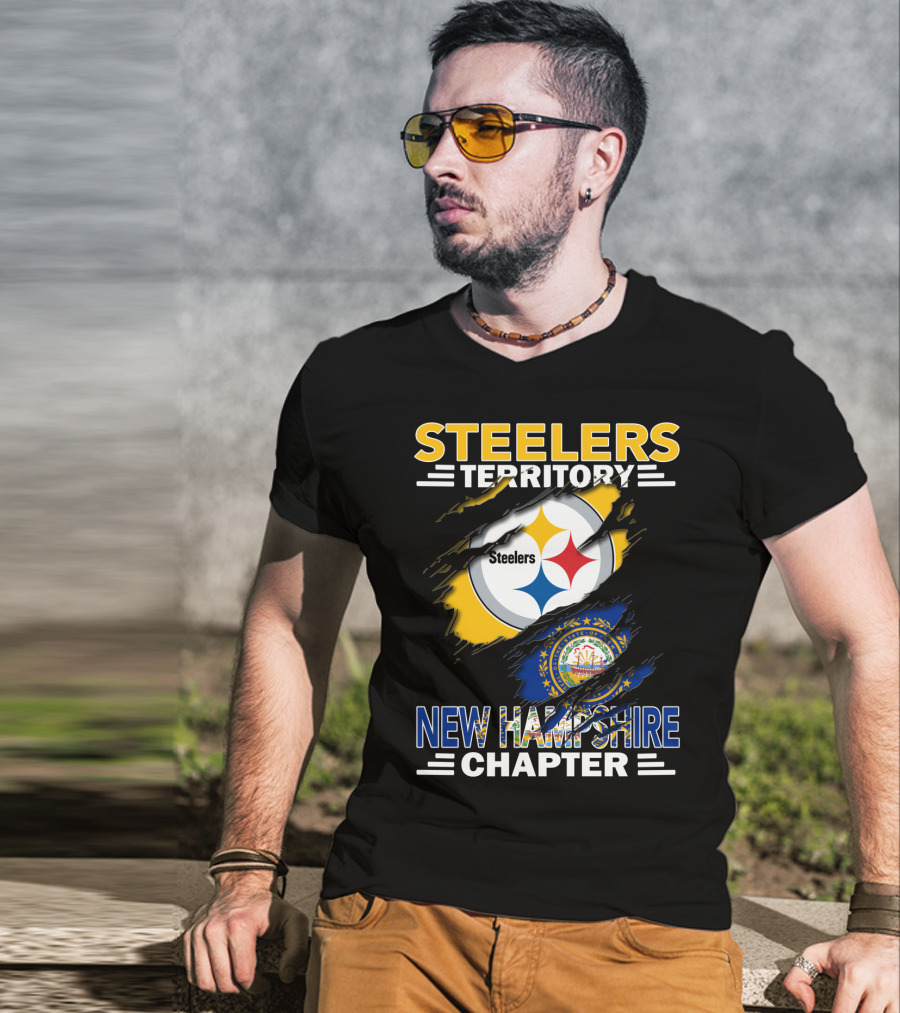 Steelers Territory New Hampshire Chapter Ripped Design Logo New Hampshire Flag T-Shirt