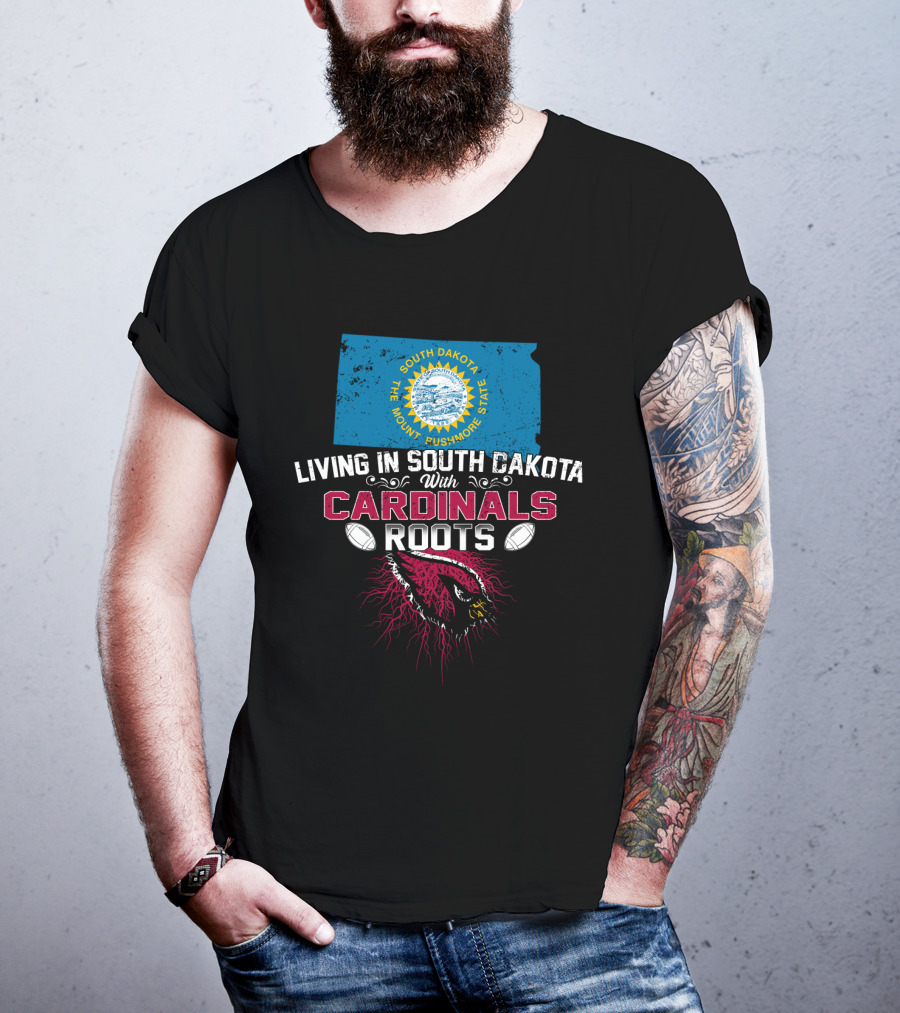 Living In South Dakota With Cardinals Roots South Dakota State Map Flag Football Helmet T-Shirt
