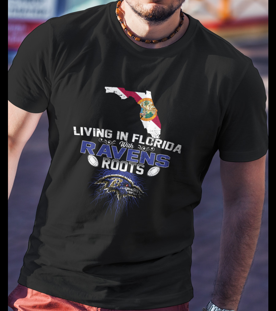 Living In Florida With Ravens Roots Baltimore Football Fan Map T-Shirt