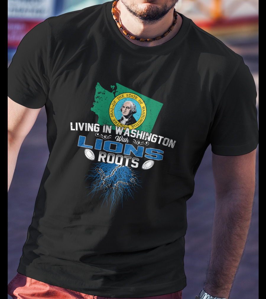 Living In Washington With Lions Roots Football State Map Seal T-Shirt
