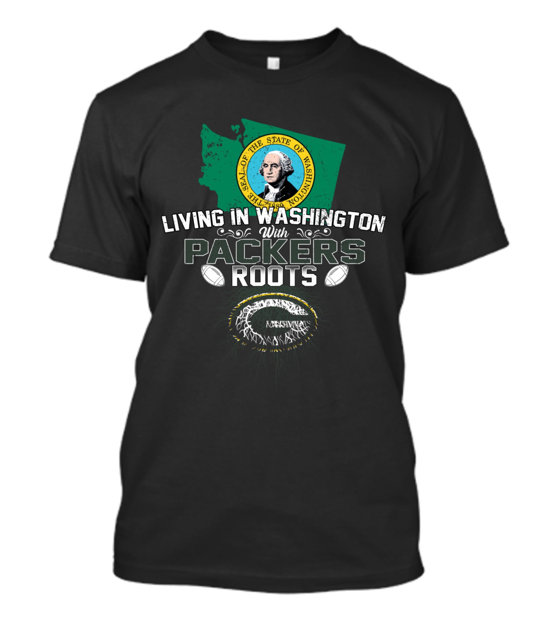Living In Washington State With Packers Roots And Seal Of Washington State Featuring Football Elements T-Shirt