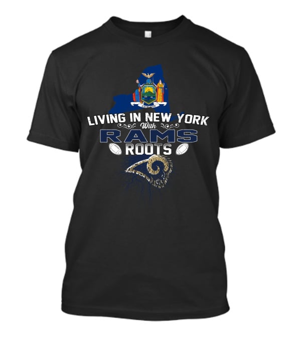 Living In New York With Rams Roots Empire State Map Football Emblem T-Shirt
