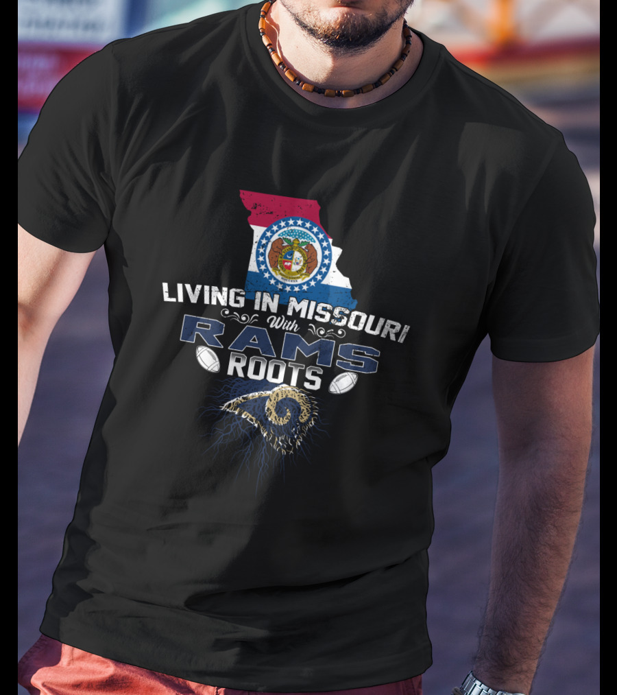 Living In Missouri With Rams Roots And State Seal Map T-Shirt