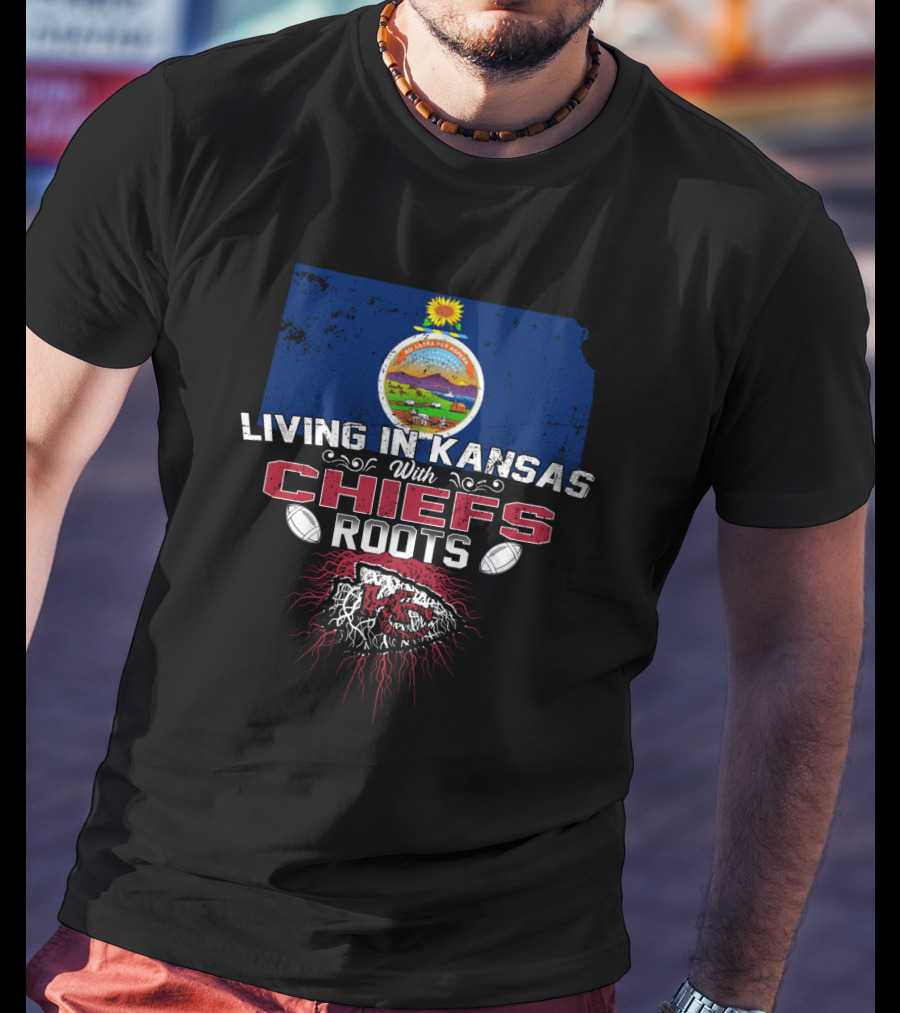Living In Kansas With Chiefs Roots Kansas State Map Football Heritage T-Shirt