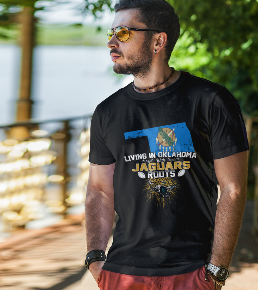 Living In Oklahoma With Jaguars Roots Map And Fierce Jaguar Emblem T-Shirt