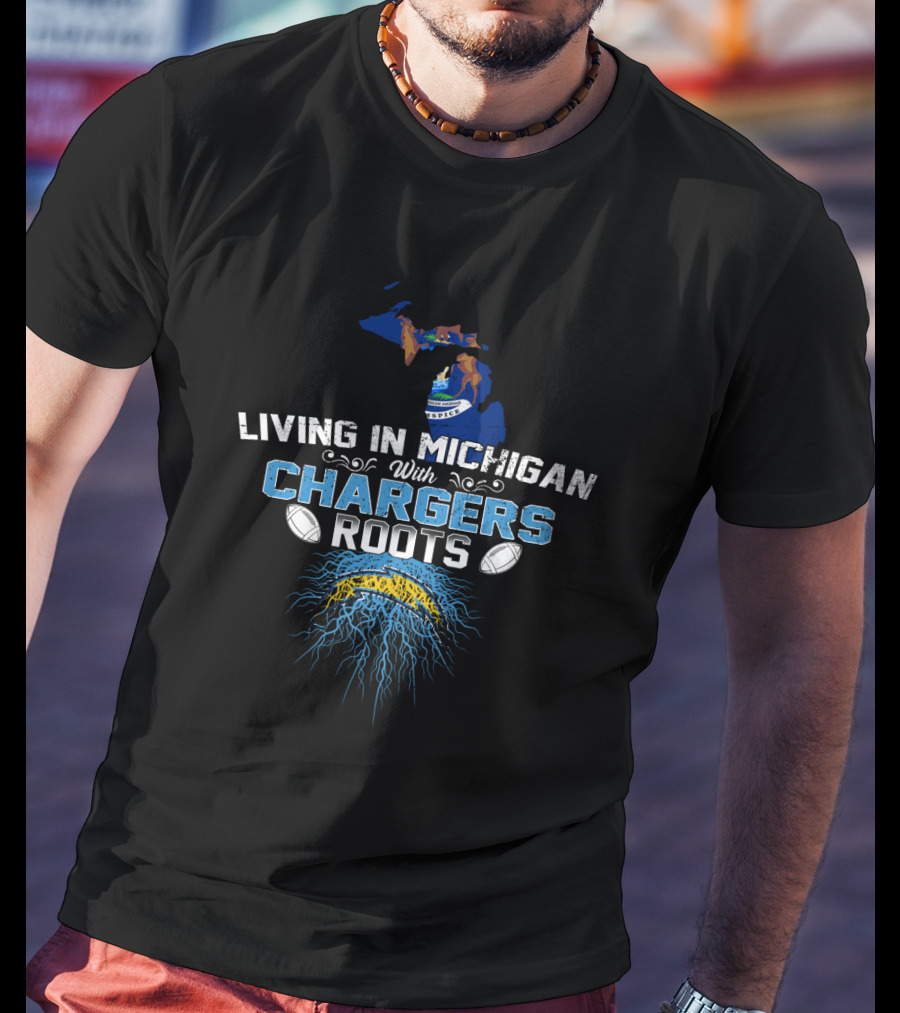 Living In Michigan Proudly Showing Chargers Heritage With Iconic Football T-Shirt