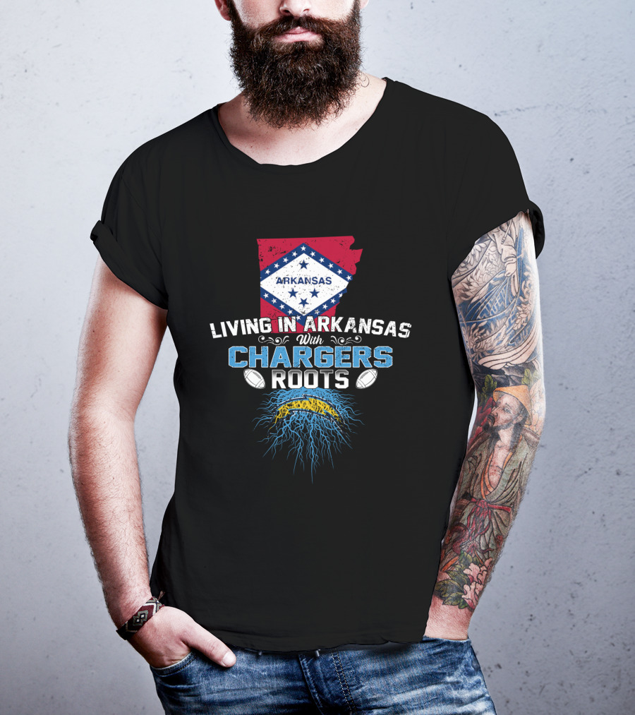 Living In Arkansas With Chargers Roots Arkansas Map And Flag Football Fan T-Shirt