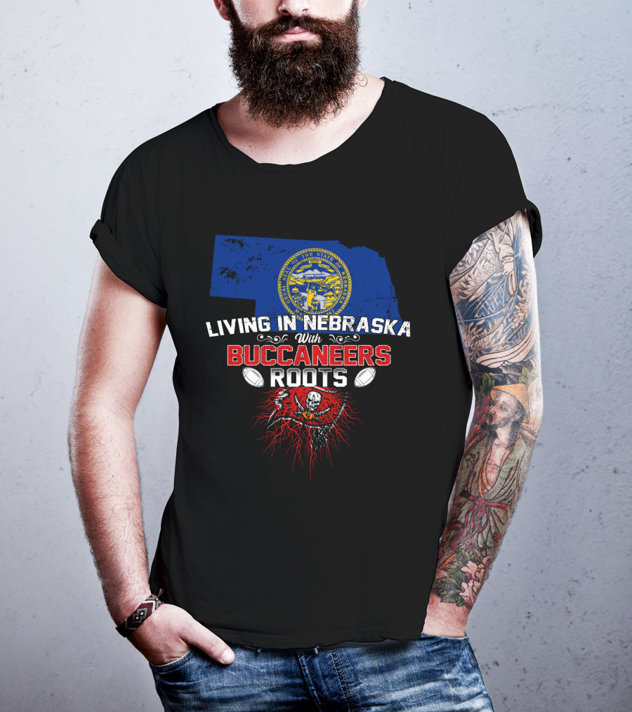 Living In Nebraska With Buccaneers Roots Nebraska State Seal Football Skull Flag T-Shirt