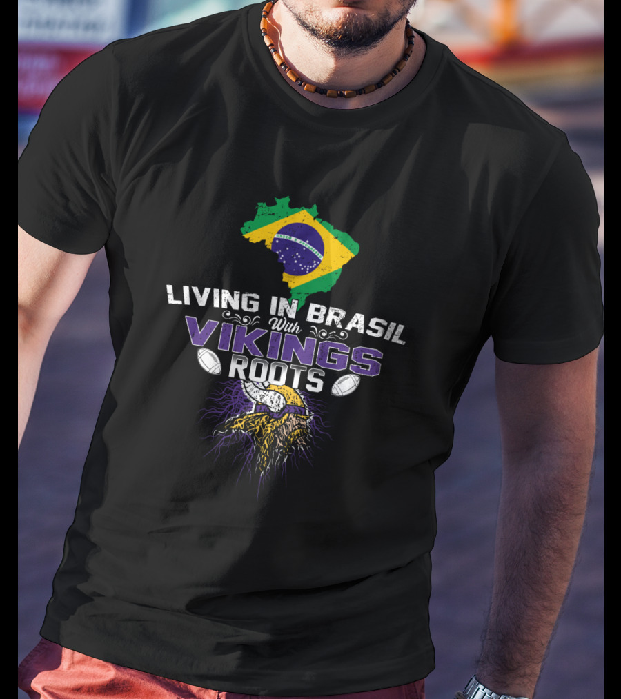 Living In Brasil With Vikings Roots Map And Viking Helmet With Footballs T-Shirt