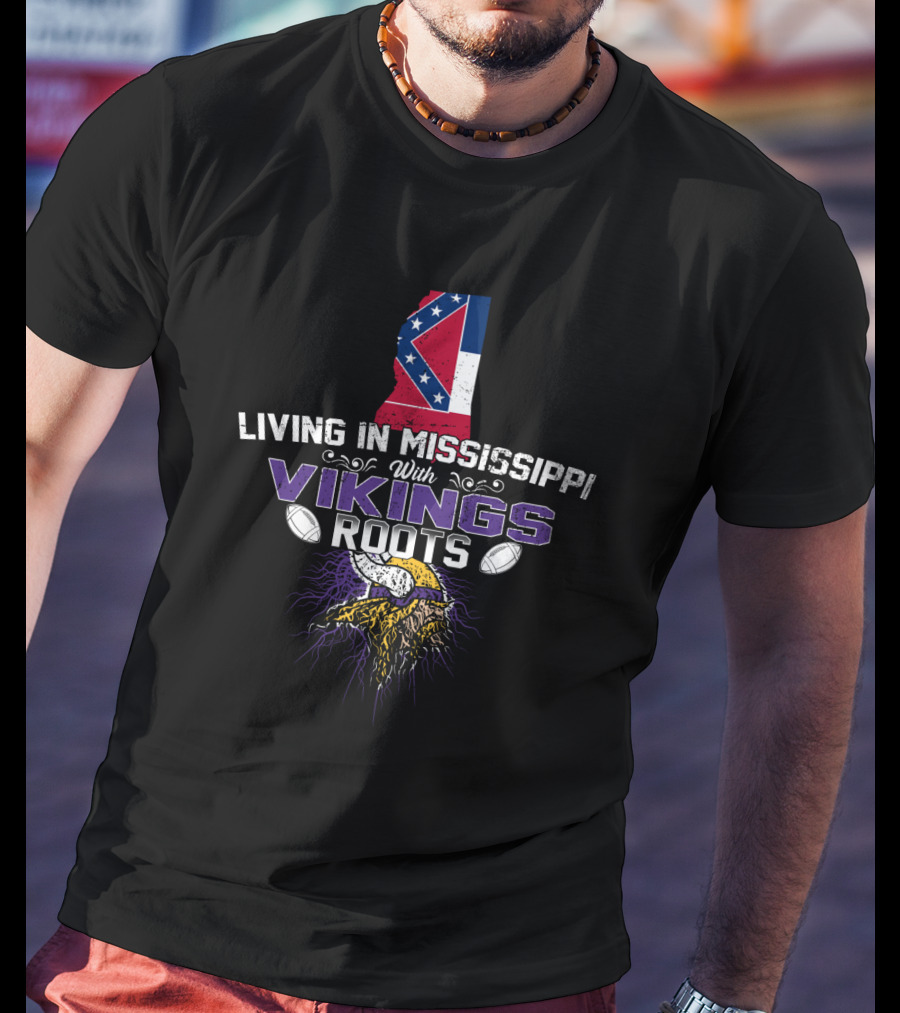 Living In Mississippi With Vikings Roots Featuring State Flag And Norse Symbolism T-Shirt