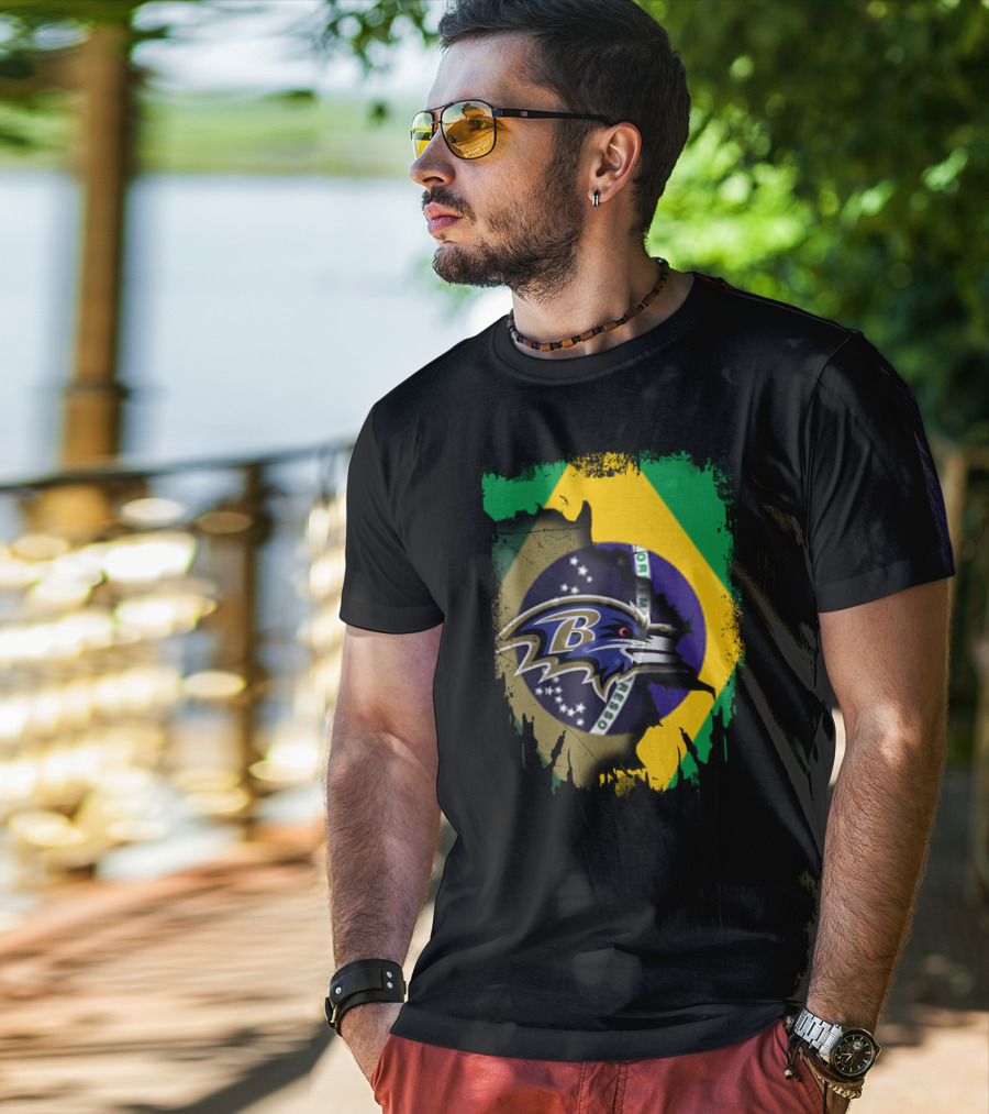 Brazilian Flag With Baltimore Ravens Logo Overlay T-Shirt