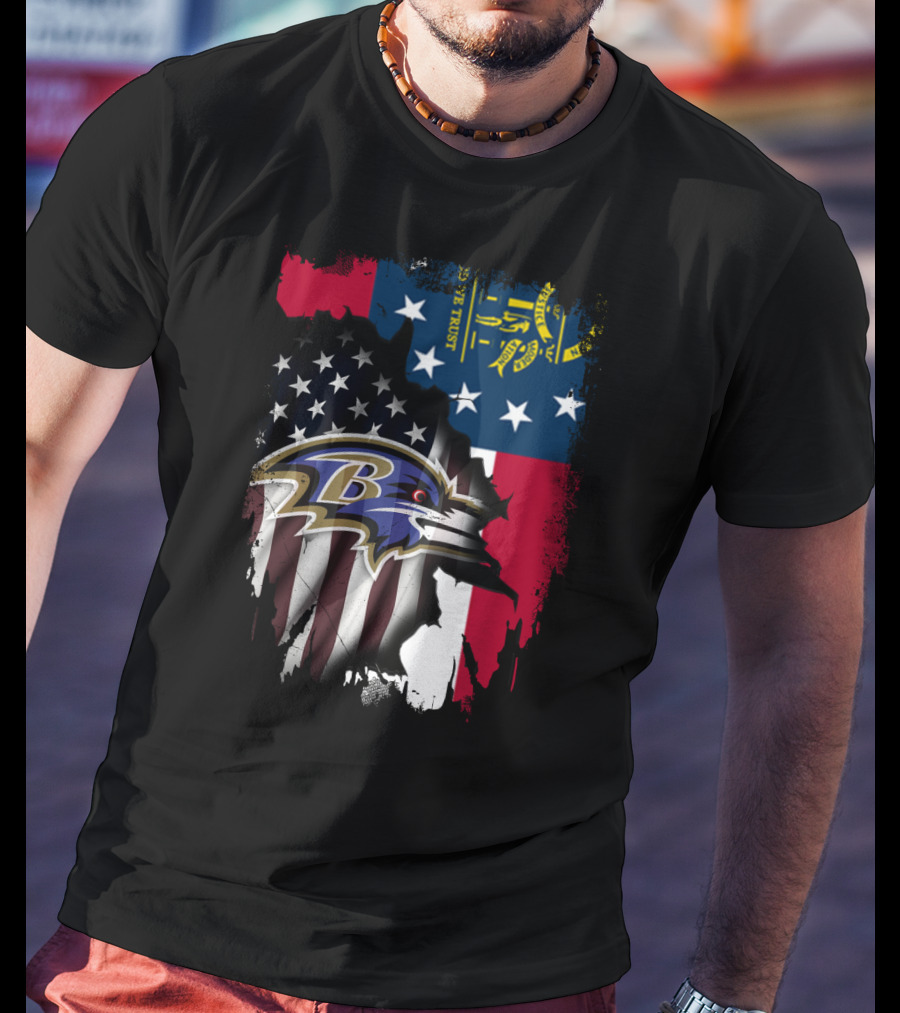 Georgia Flag With Baltimore Ravens American Flag Overlay T-Shirt
