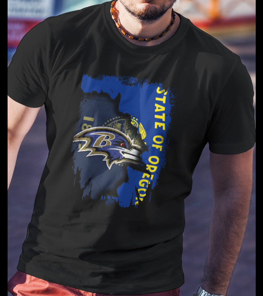 State Of Oregon With Baltimore Ravens Logo Overlay T-Shirt