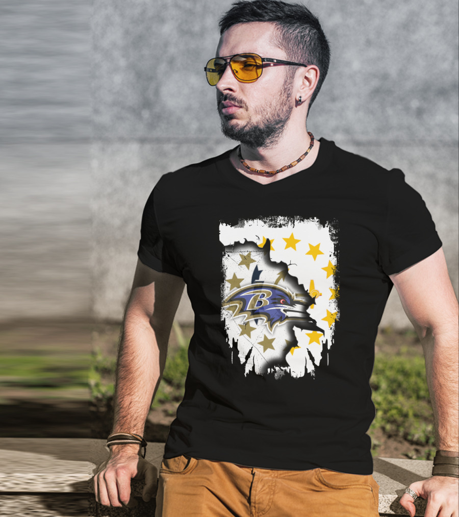 Rhode Island Map With Baltimore Ravens Logo And Stars T-Shirt