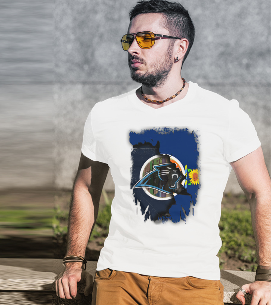 Kansas Sunflower With Carolina Panthers Logo Fusion T-Shirt