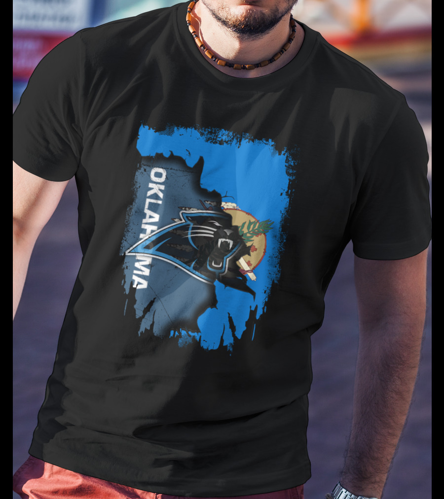 Oklahoma Collaboration With Carolina Panthers Logo And State Flag Elements T-Shirt