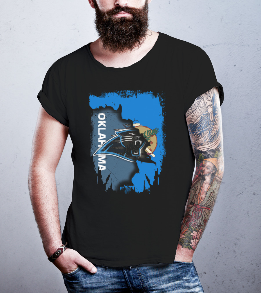 Oklahoma Collaboration With Carolina Panthers Logo And State Flag Elements T-Shirt