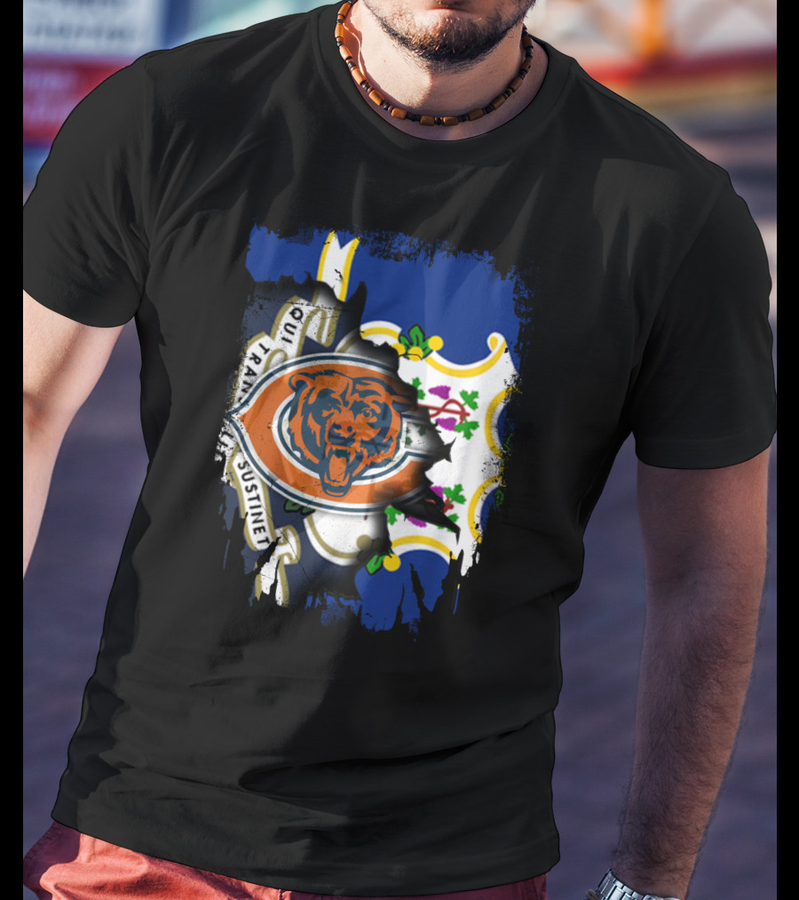 Connecticut State Flag Blended With Chicago Bears T-Shirt