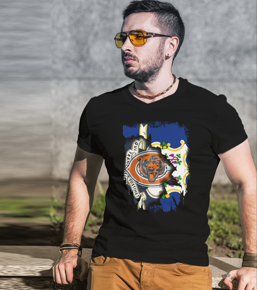 Connecticut State Flag Blended With Chicago Bears T-Shirt