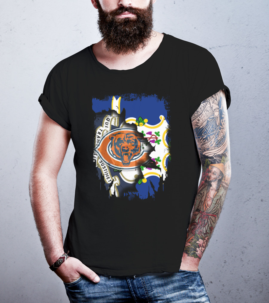Connecticut State Flag Blended With Chicago Bears T-Shirt