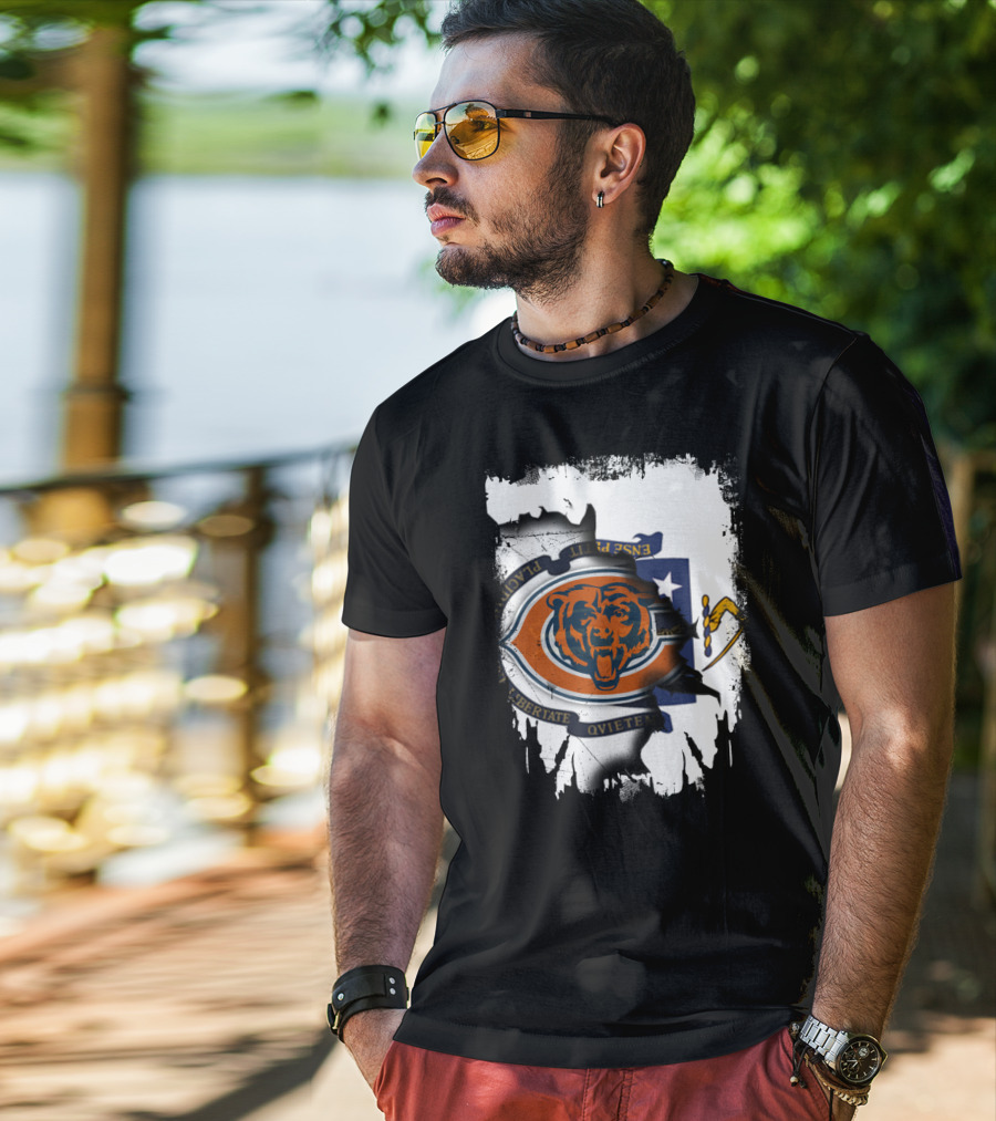 Massachusetts Flag With Chicago Bears Logo Fusion T-Shirt