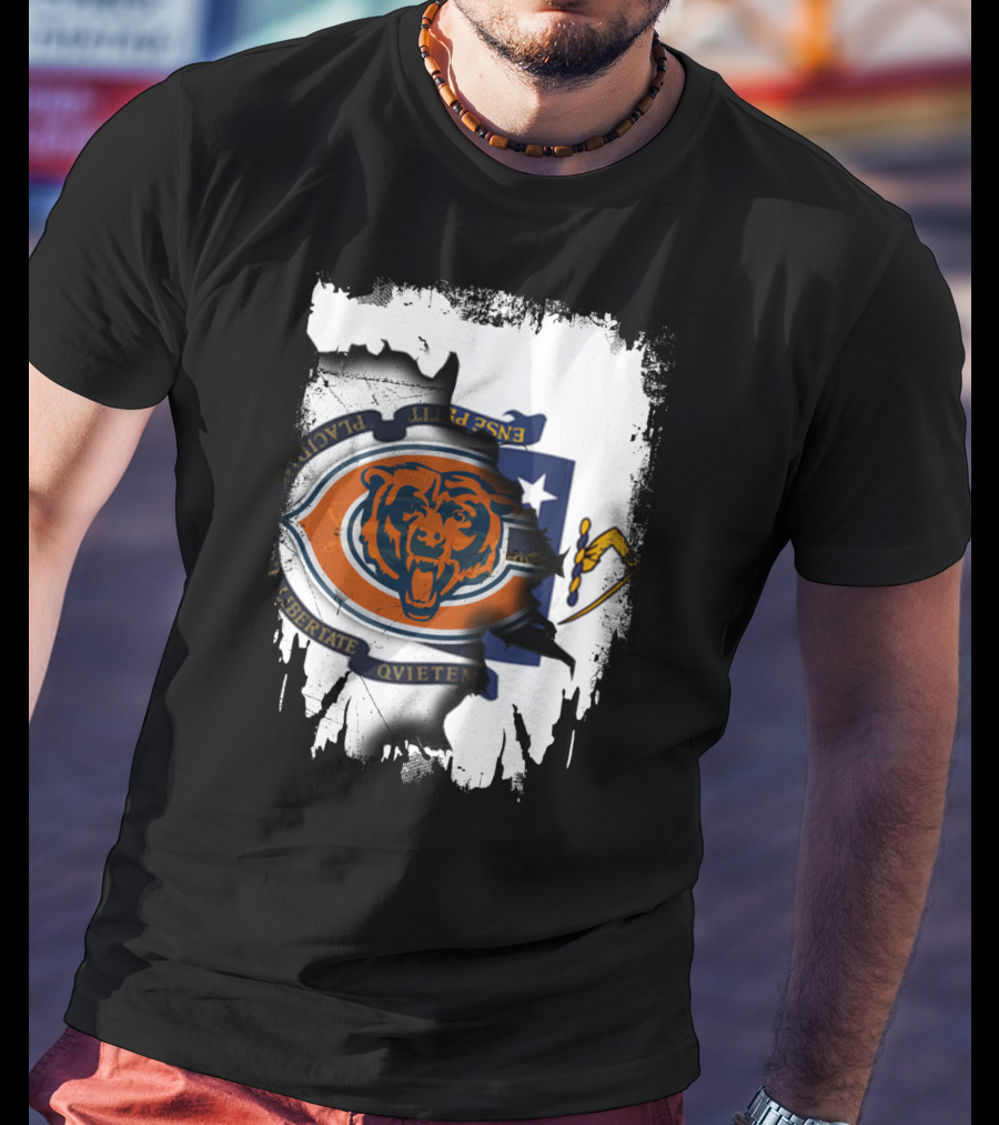 Massachusetts Flag With Chicago Bears Logo Fusion T-Shirt