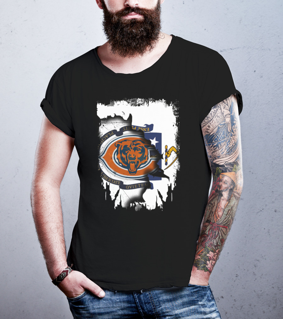 Massachusetts Flag With Chicago Bears Logo Fusion T-Shirt