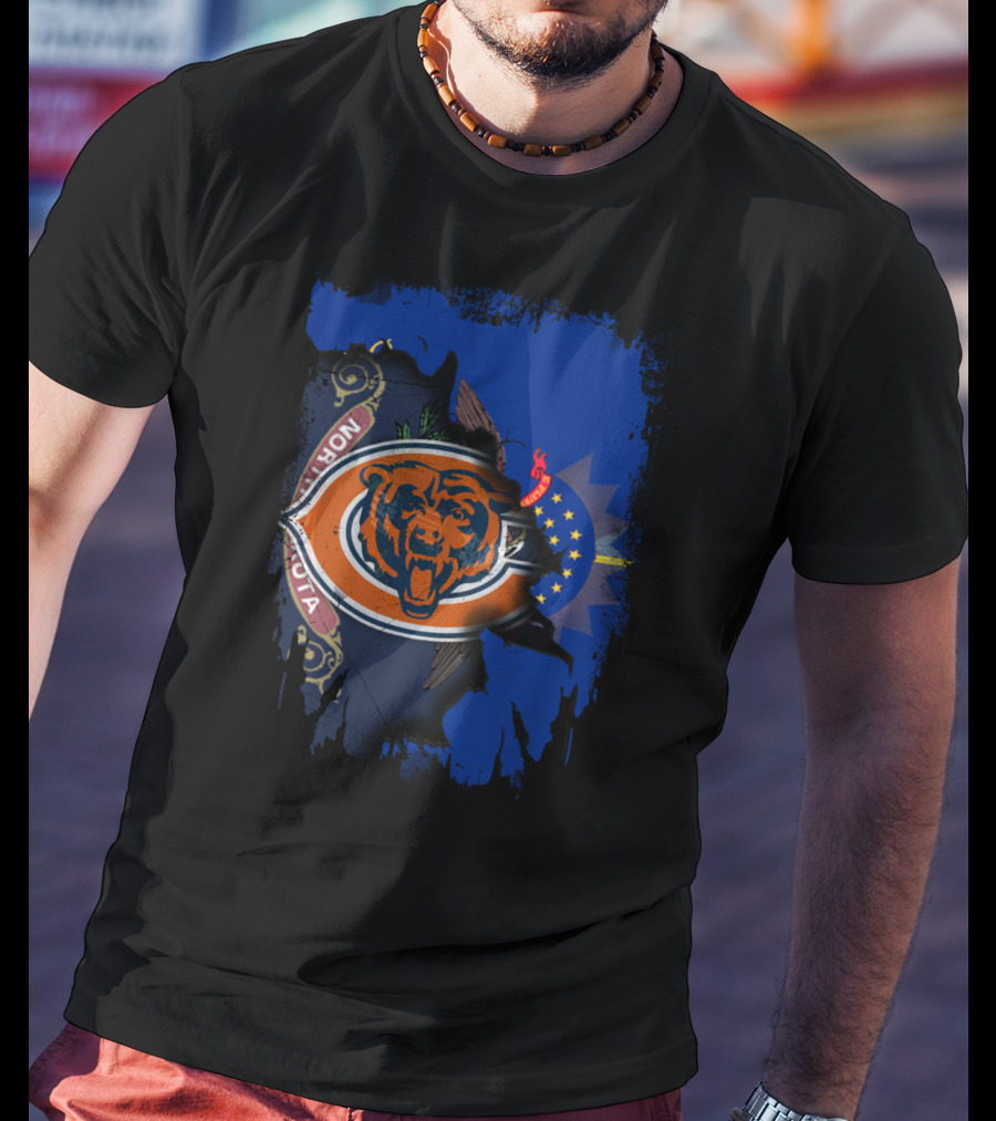 North Dakota Flag With Chicago Bears Logo Fusion T-Shirt